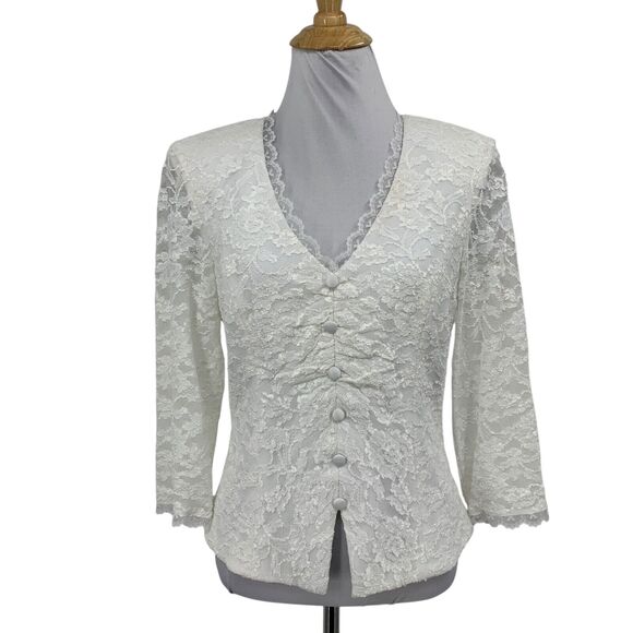 Alex Evenings Blouse Women S/M Lace Trim Embroidered Illusion Shoulder Pads - Picture 1 of 14